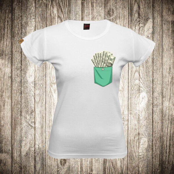 zenska majica boja bela slika novac 1 dolari dzepni