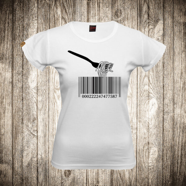 zenska majica boja bela slika barcode spageti