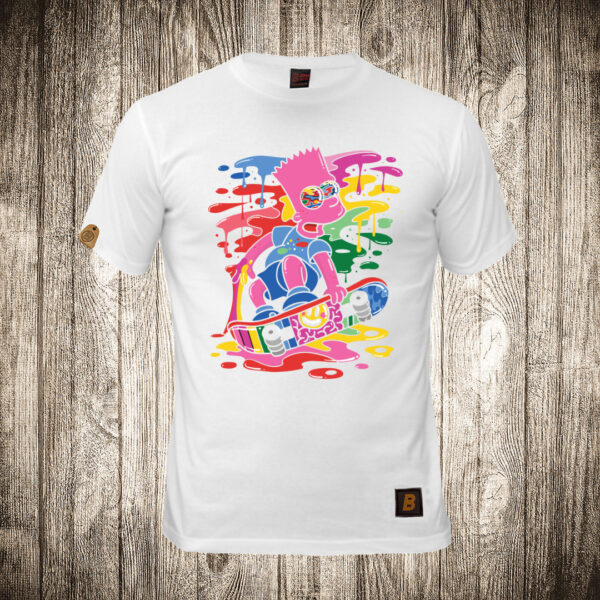 muska majica boja bela slika bart simpson u psihodelicnim bojama
