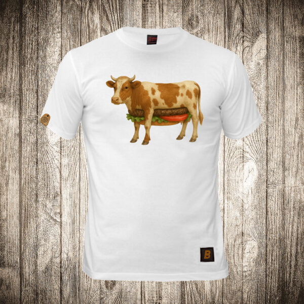 muska majica boja bela slika burger krava