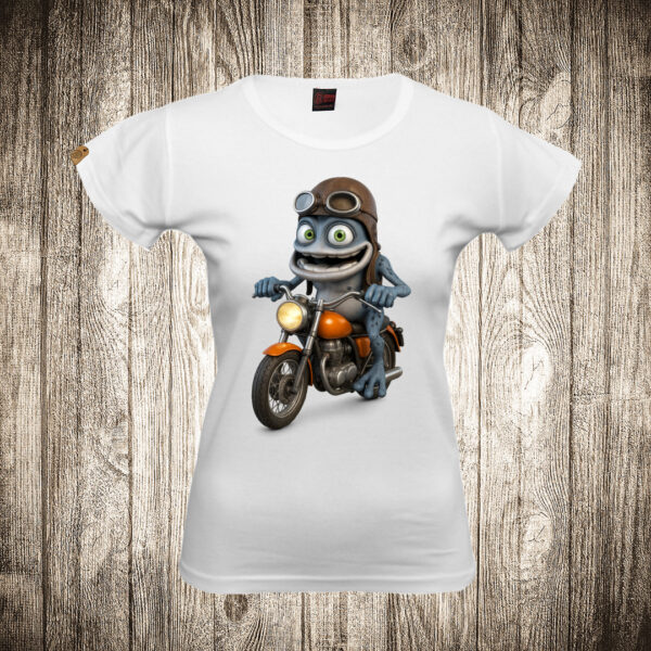 zenska majica boja bela slika crazy frog na motoru