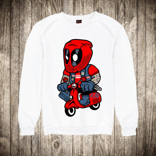 duks bez kapuljace boja bela slika deadpool na skuteru