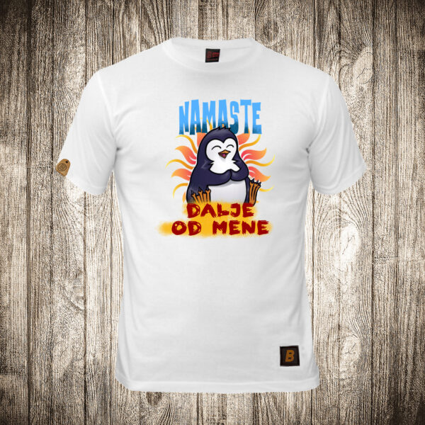 decija majica boja bela slika pingvin namaste dalje od mene