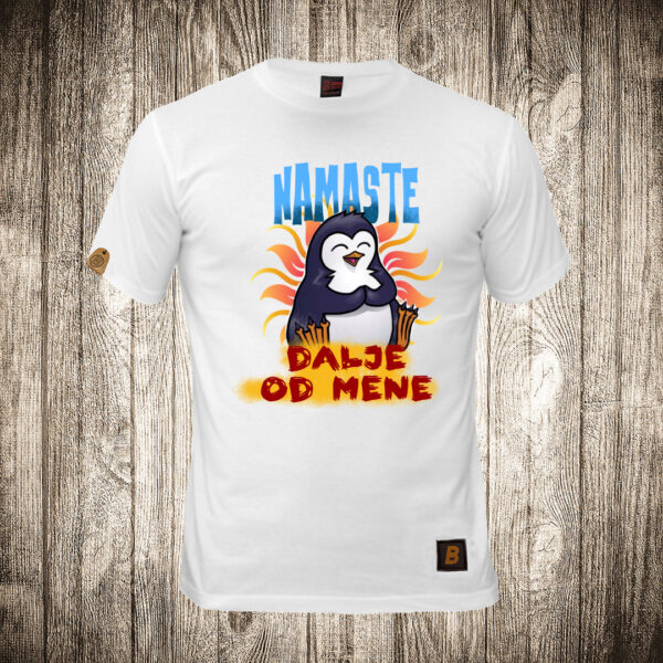muska majica boja bela slika pingvin namaste dalje od mene
