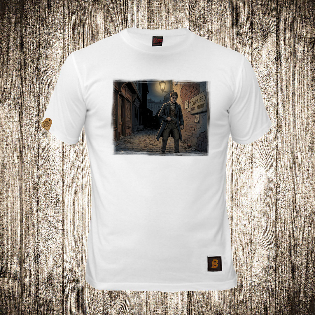 Muška majica bele boje sa motivom Gavrilo Princip 3 muska majica boja bela slika gavrilo princip 3