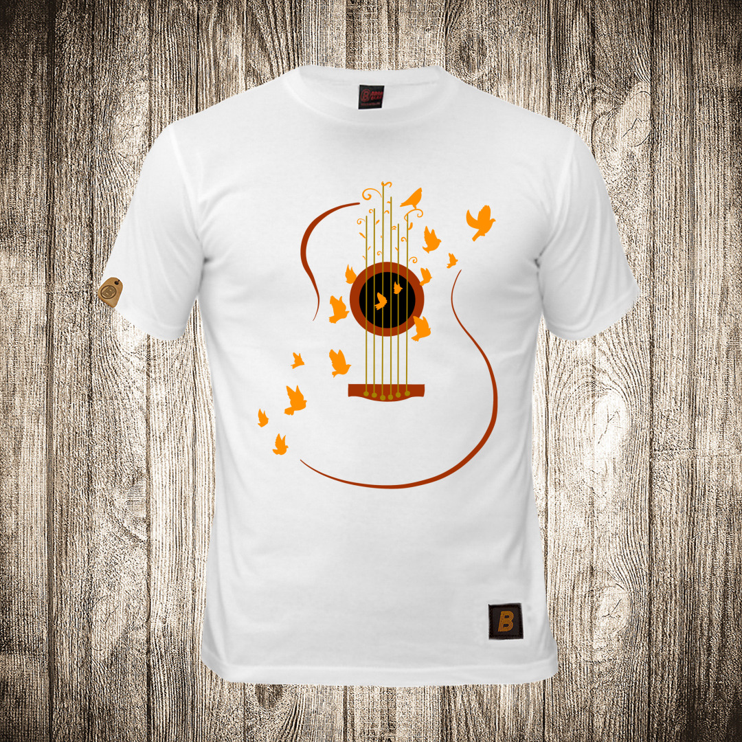 Muška majica bele boje sa motivom Gitara - ptice let ( Umetnost ) 2 muska majica boja bela slika gitara ptice let umetnost 2