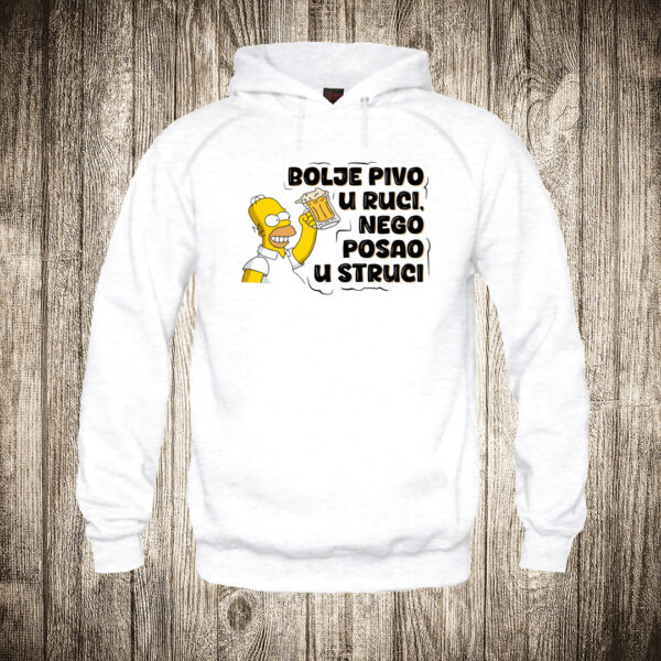 deciji duks boja bela slika homer simpson bolje pivo u ruci nego posao u struci