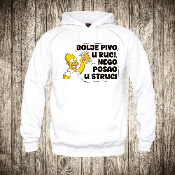 duks sa kapuljacom boja bela slika homer simpson bolje pivo u ruci nego posao u struci