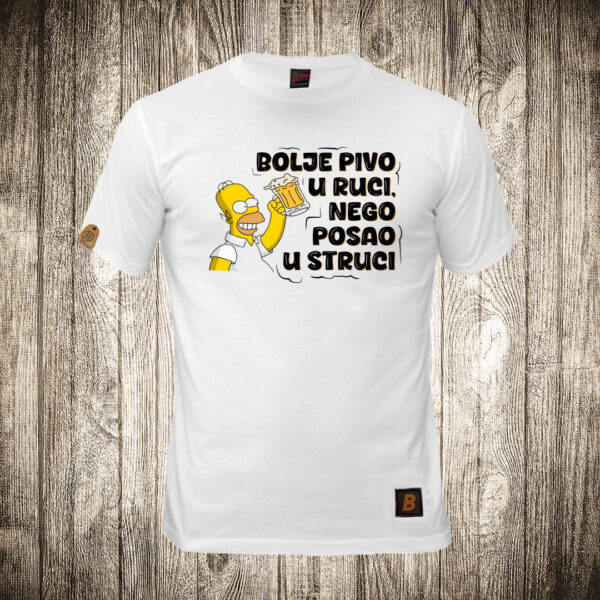 muska majica boja bela slika homer simpson bolje pivo u ruci nego posao u struci