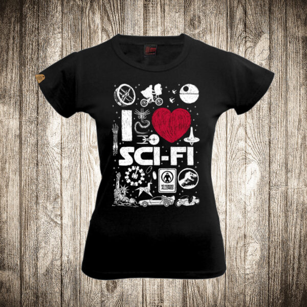 zenska majica boja crna slika i love sci fi