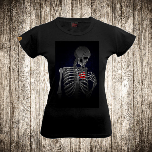 zenska majica boja crna slika kostur slomljeno srce