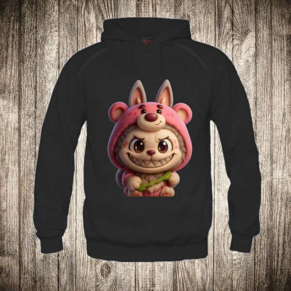 duks sa kapuljacom boja crna slika labubu 21 u kostimu pink