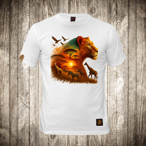 muska majica boja bela slika lav safari antilope