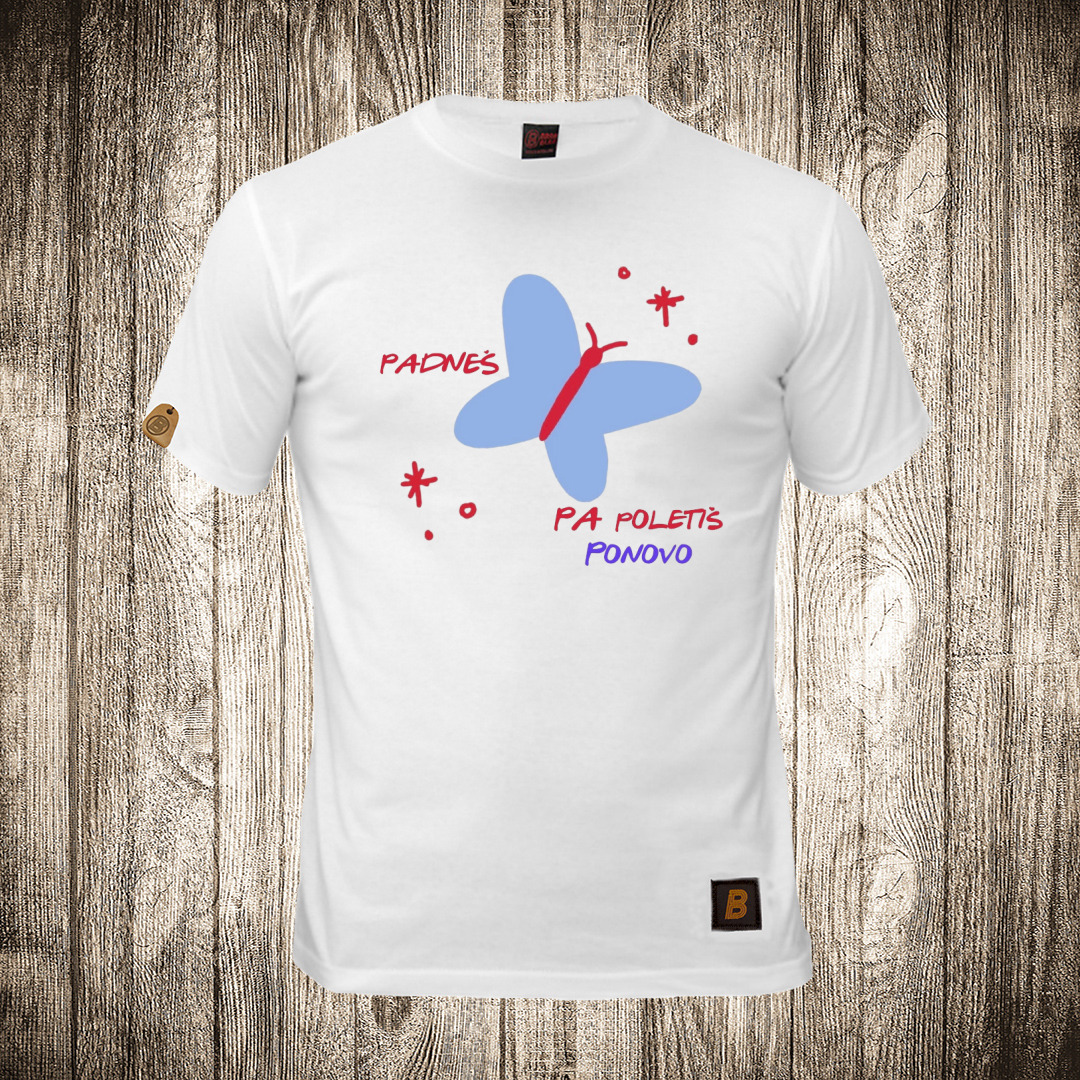 Muška majica bele boje sa motivom Leptir / Padneš pa poletiš ponovo muska majica boja bela slika leptir padnes pa poletis ponovo