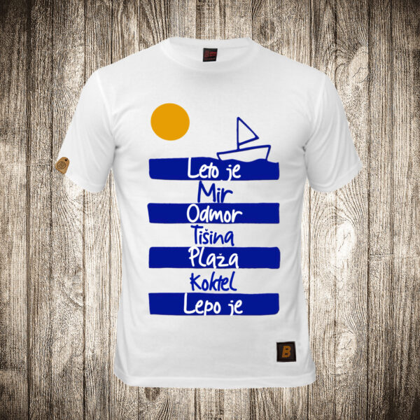muska majica boja bela slika leto je lepo je pruge sunce