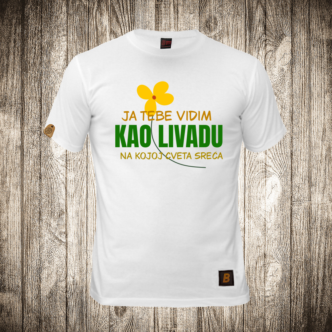Muška majica bele boje sa motivom Livada sreće muska majica boja bela slika livada srece
