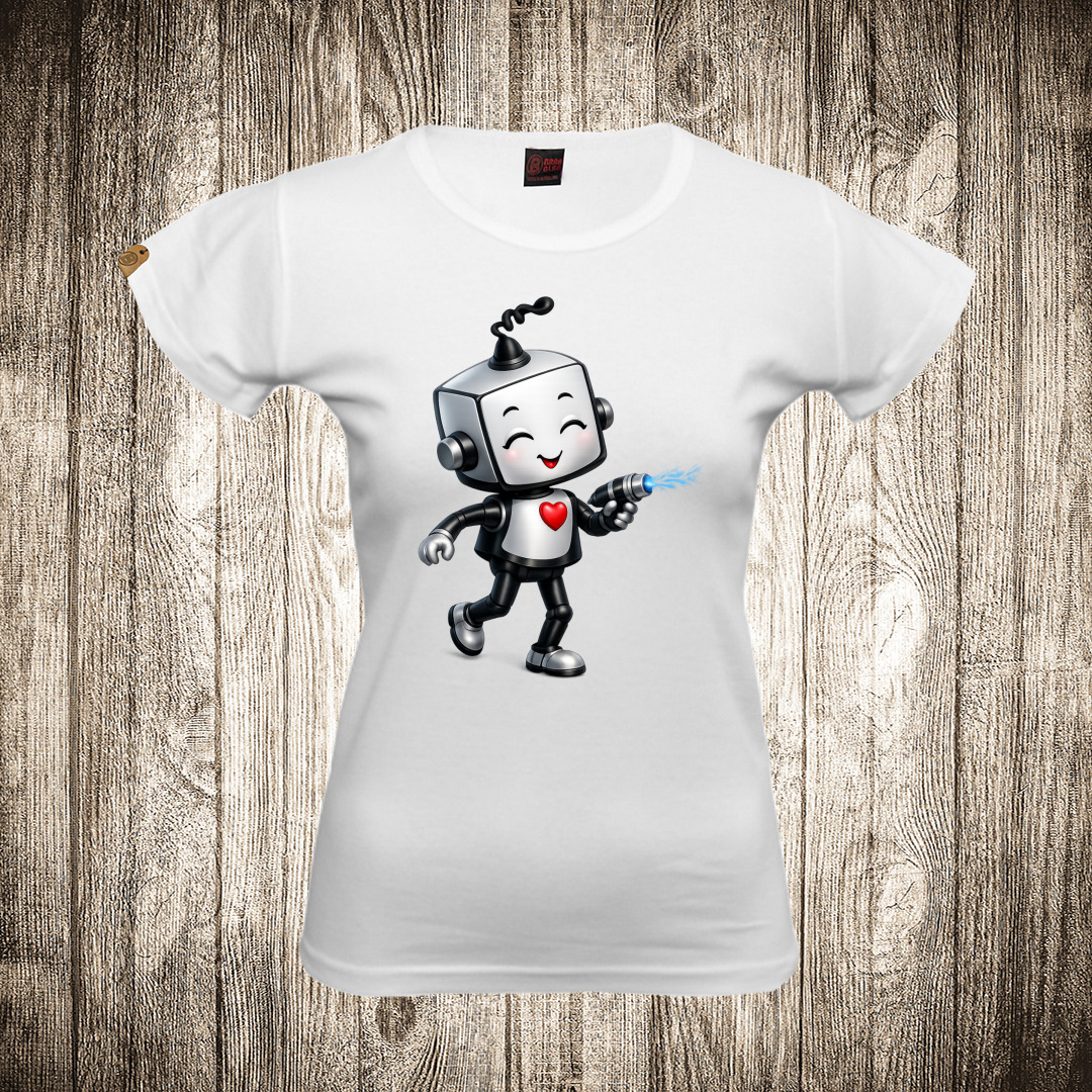 Ženska majica bele boje sa motivom Ljubavni Roboti ( Ženska ) par zenska majica boja bela slika ljubavni roboti zenska par
