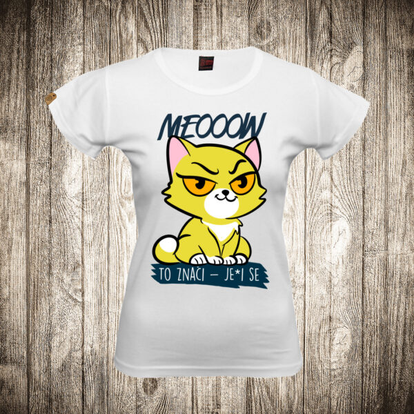 zenska majica boja bela slika macka meeoow to znaci jei se
