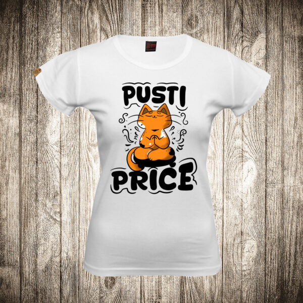 zenska majica boja bela slika macka pusti price joga