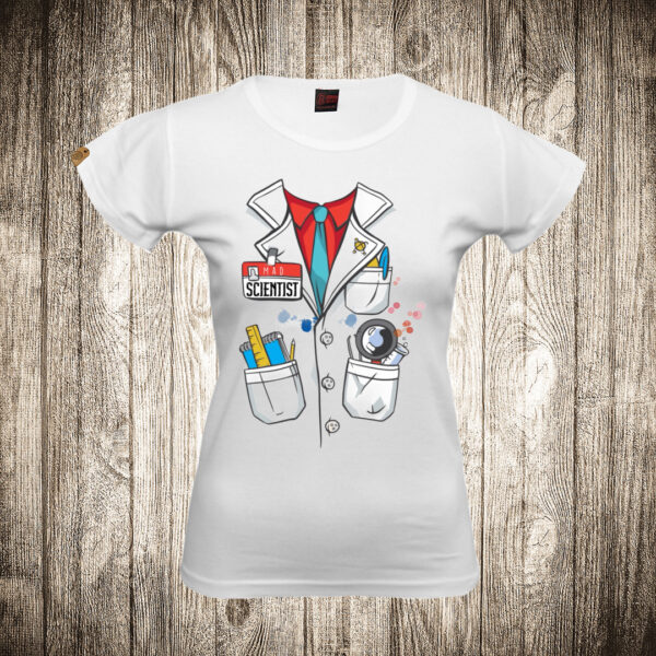 zenska majica boja bela slika mad scientist ljuti naucnik hemija