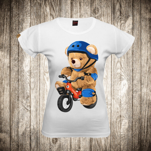 zenska majica boja bela slika meda teddy bear 106 mini bicikl