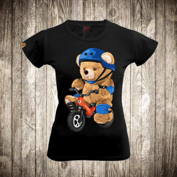 zenska majica boja crna slika meda teddy bear 106 mini bicikl