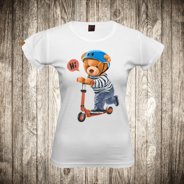 zenska majica boja bela slika meda teddy bear 50 trotinet