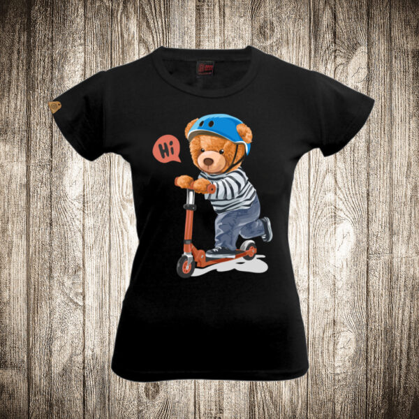 zenska majica boja crna slika meda teddy bear 50 trotinet