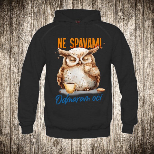 duks sa kapuljacom boja crna slika ne spavam odmaram oci sova