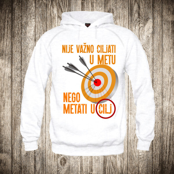 duks sa kapuljacom boja bela slika nije vazno ciljati u metu nego metati u cilj