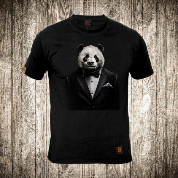 muska majica boja crna slika panda nosi smoking odelo