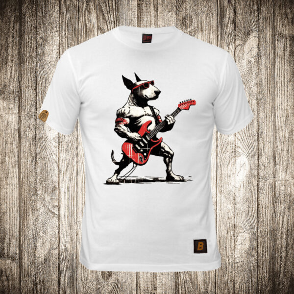 muska majica boja bela slika pas gitarista buldog muzika