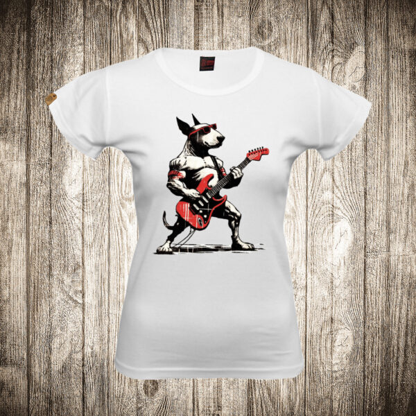 zenska majica boja bela slika pas gitarista buldog muzika