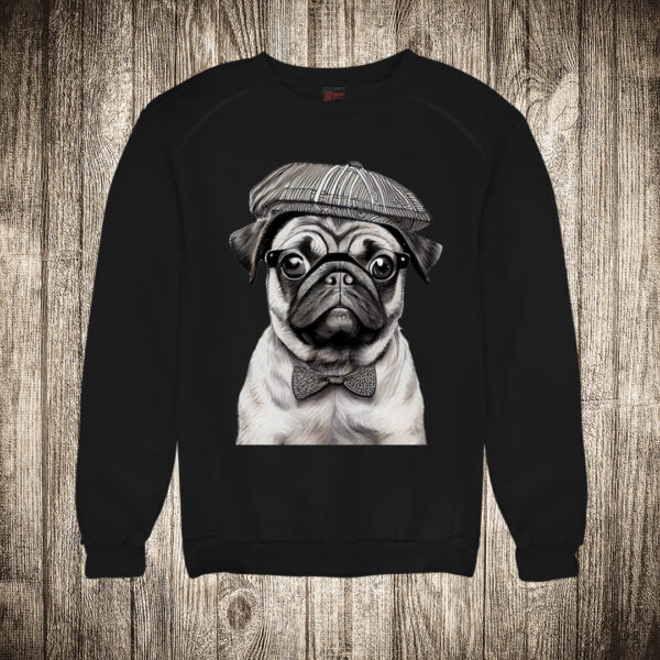 duks bez kapuljace boja crna slika pug hipster pas sa naocarima i sesirom