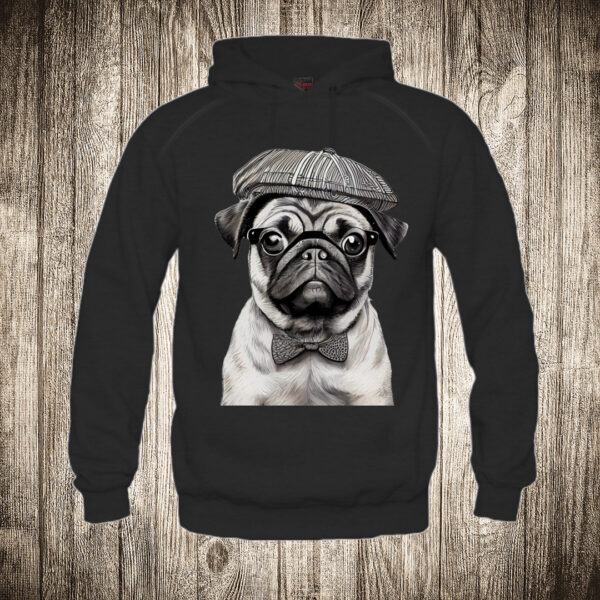 duks sa kapuljacom boja crna slika pug hipster pas sa naocarima i sesirom