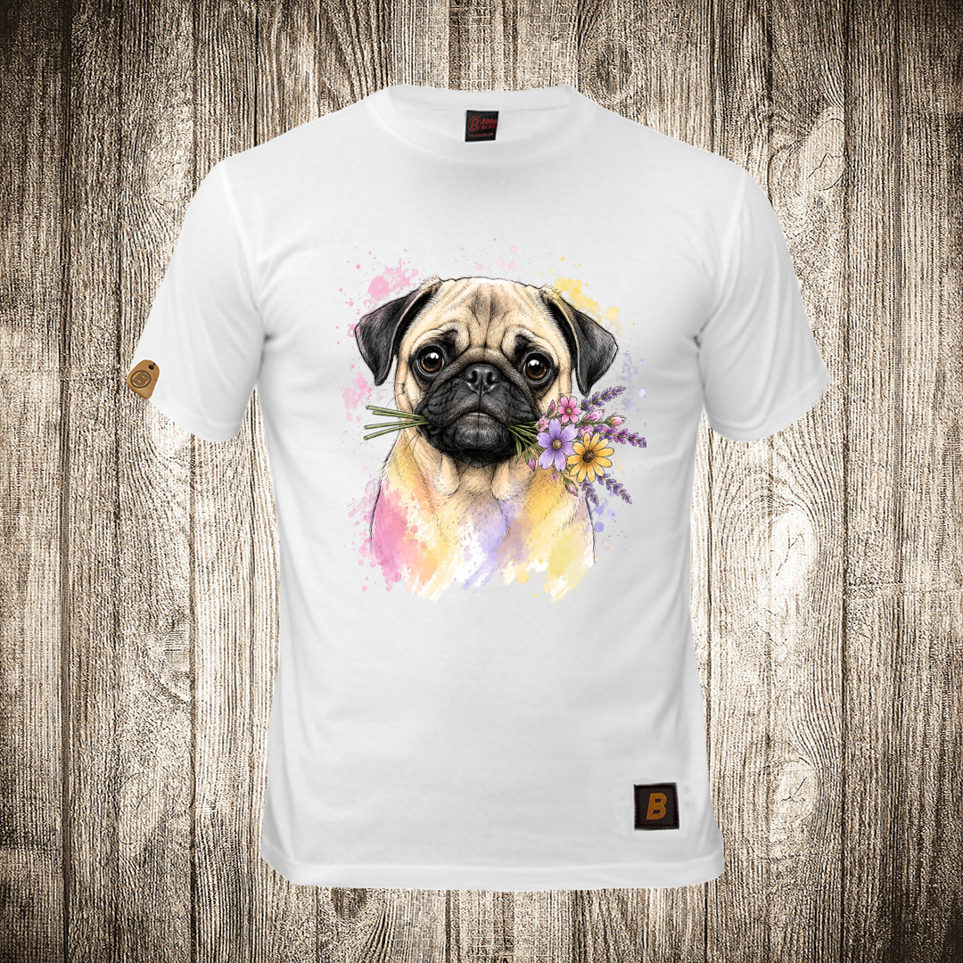 Muška majica bele boje sa motivom Pug ( Pas ) sa cvetom muska majica boja bela slika pug pas sa cvetom 1