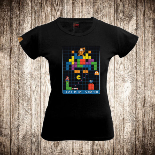 zenska majica boja crna slika retro igrice super mario pac man donkey kong