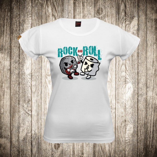 zenska majica boja bela slika rock and roll kamen i papir