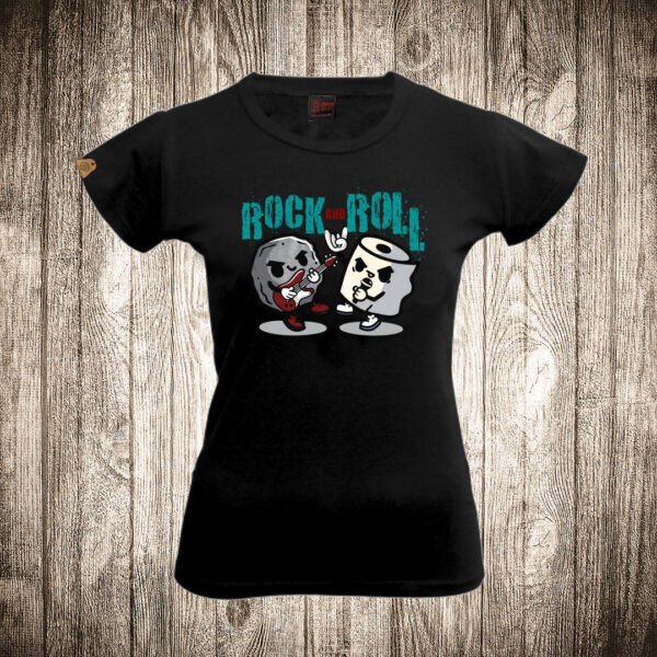 zenska majica boja crna slika rock and roll kamen i papir