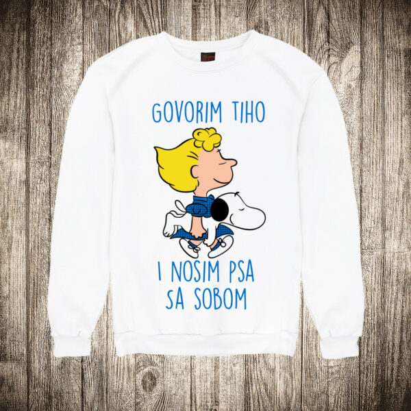 duks bez kapuljace boja bela slika sally nosim psa sa sobom snupi