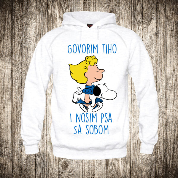 duks sa kapuljacom boja bela slika sally nosim psa sa sobom snupi