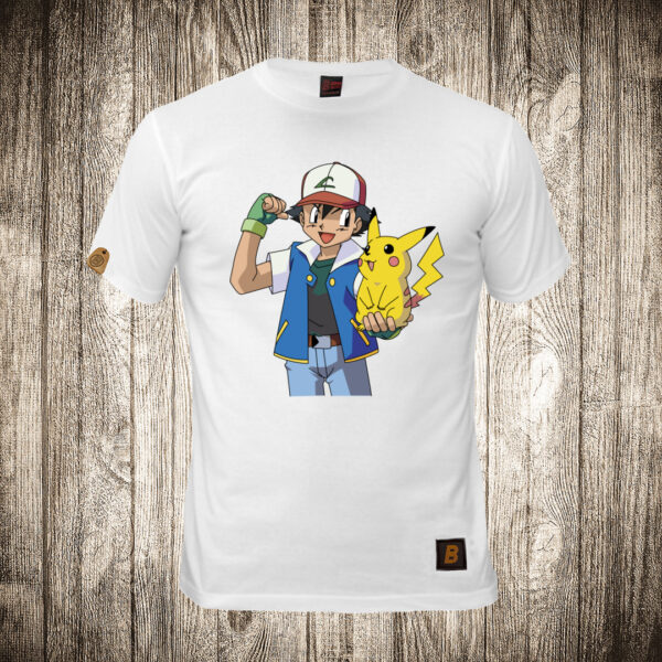 muska majica boja bela slika satoshi es kecum i pikachu pokemon