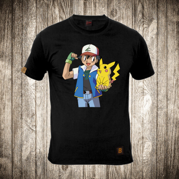 muska majica boja crna slika satoshi es kecum i pikachu pokemon