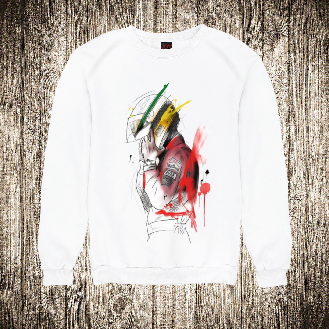 Duks bez kapuljače bele boje sa motivom Sena ( Formula 1 ) 3 duks bez kapuljace boja bela slika sena formula 1 3 1