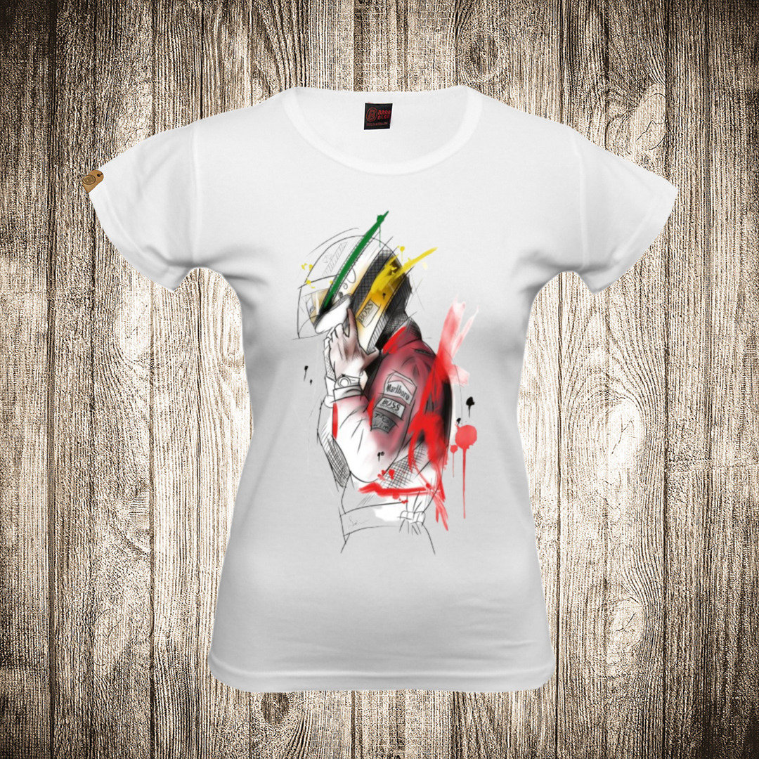 Ženska majica bele boje sa motivom Sena ( Formula 1 ) 3 zenska majica boja bela slika sena formula 1 3 1