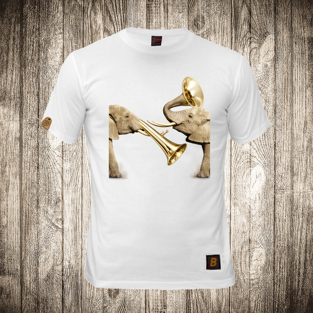 Muška majica bele boje sa motivom Slonovi ( Truba ) Muzika muska majica boja bela slika slonovi truba muzika