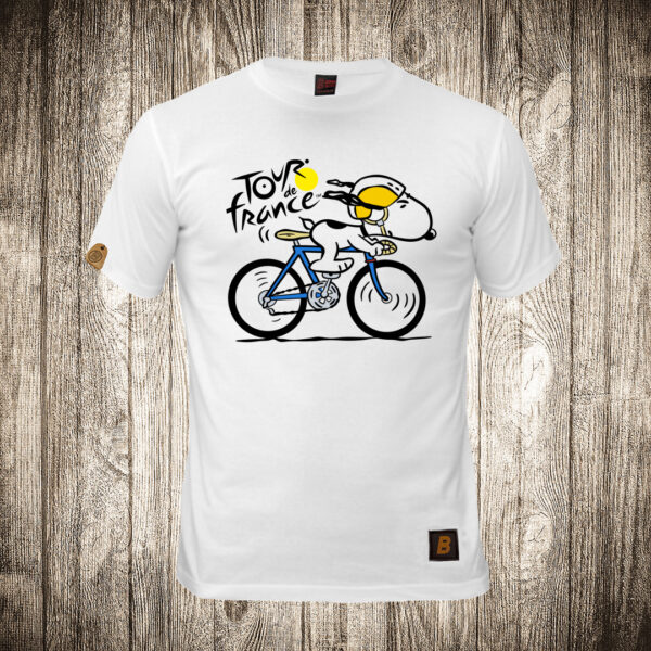 muska majica boja bela slika snupi na bicikli tour de france