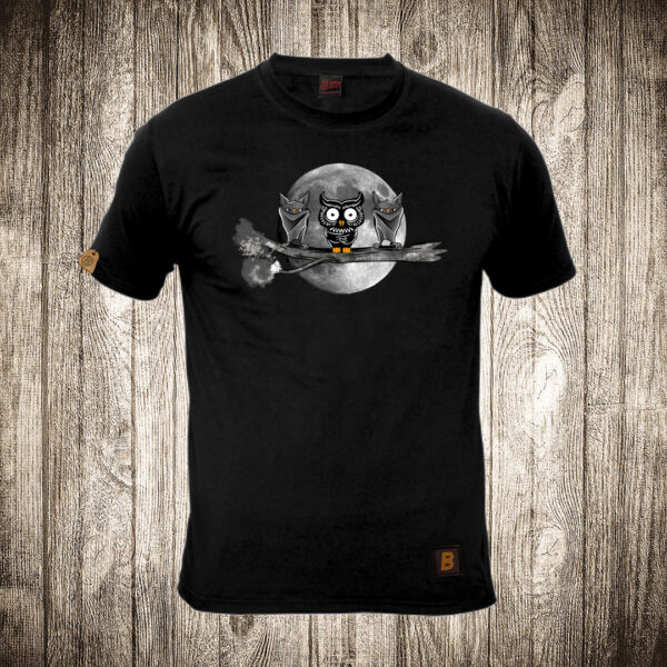 muska majica boja crna slika sove i slepi misevi mesecina