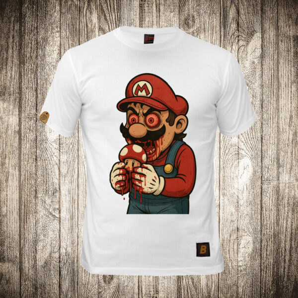 muska majica boja bela slika super mario jede pecurke