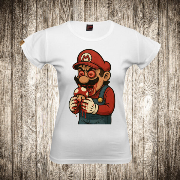 zenska majica boja bela slika super mario jede pecurke